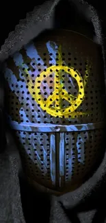 Perforated mask with peace symbol on dark background.