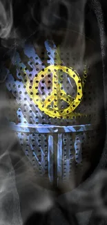 Metallic mask with peace symbol and smoke.