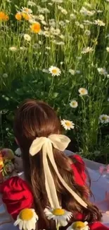 Woman in red near daisies in a meadow.