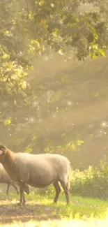 Sheep grazing peacefully in a sunlit meadow with lush greenery.