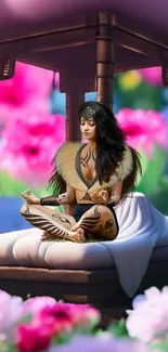 Fantasy scene of tattooed woman meditating in floral nature setting.