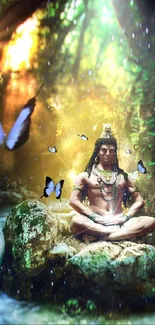 Meditating figure in lush nature with butterflies and waterfall.