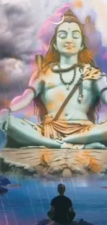 Shiva meditating under a cloudy mystical sky on mobile wallpaper.