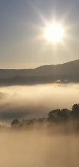 Misty sunrise over mountains with sun shining bright in a serene landscape.