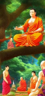 Monks meditating on tree branches in a vibrant forest setting.