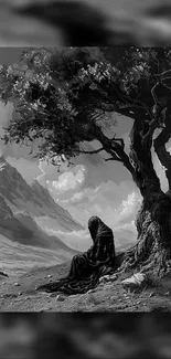 Monochrome landscape with tree and figure in tranquil setting.