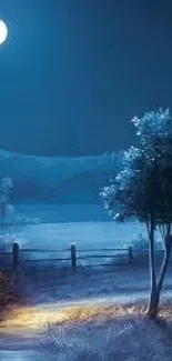 Moonlit rural landscape with a full moon casting a serene blue hue.