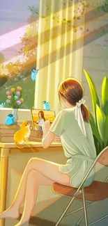 Woman sitting at desk with plants and cats in sunlight.