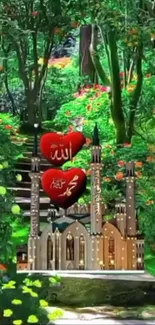 A mosque amidst vivid greenery and flowers creating a serene mobile wallpaper.