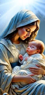 Mother and child in serene art scene with soft blue hues and spiritual aura.