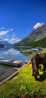 Tranquil mountain lake with boats, a horse, and lush greenery under clear blue skies.