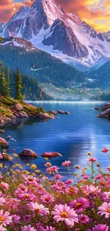 Scenic mountain lake with flowers and snow-capped peaks.