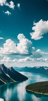 Serene mountain lake with vibrant sky and cloud reflections.