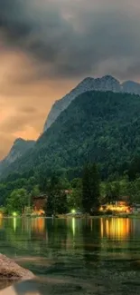 Serene mountain lake scene with lush forest and tranquil sky.