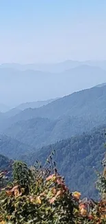 Tranquil mountain landscape with lush hills and blue sky.