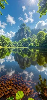 Mountain landscape with clear lake reflecting the serene sky and lush greenery.