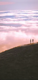 Two figures stand on a mountain with clouds and lavender sky.