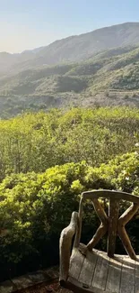 Serene mountain landscape with rustic chair.