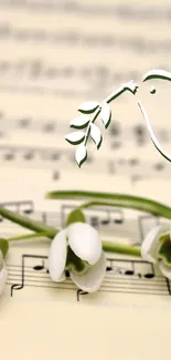 Dove and snowdrops on sheet music wallpaper.