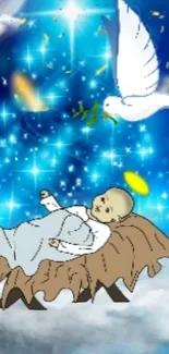 Baby with halo in nativity scene, blue starry sky, white dove, peaceful art.