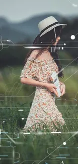 Woman in floral dress with digital overlay in nature.