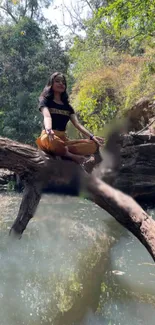 Woman meditating on a tree over water in a forest.