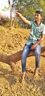 Young person enjoying nature on fallen log in sunlit forest.