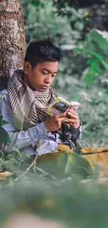 Person reading under a tree in a lush green setting.