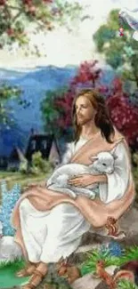 Spiritual figure with sheep and dove in a peaceful nature scene wallpaper.