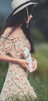 Woman in floral dress walking through lush green grass with mountains.