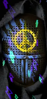 Hooded figure with a neon-painted mask featuring a peace symbol.