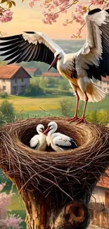 Storks nesting in a tree with a spring countryside background.