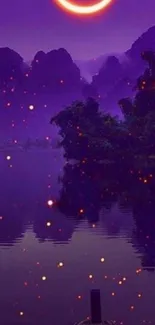 Serene night scene with boat and crescent moon reflecting on the water.