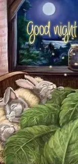 Adorable bunnies sleeping under a moonlit night in a cozy wallpaper.