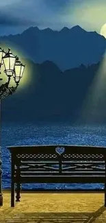 Night scene with a lamp, bench, and moonlight by the lake.