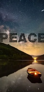 Starry night wallpaper with boat reflection and peace text.