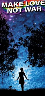 Silhouette of girl under a starry blue night sky with 'Make Love, Not War' text.