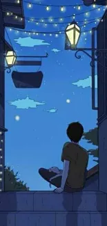 A serene night sky wallpaper featuring a boy on steps under a starry, moonlit sky.