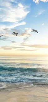 Tranquil ocean sunrise with seabirds in flight, captured in a serene mobile wallpaper.