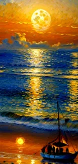 Sailboat on ocean at sunset with vibrant, impressionistic colors.