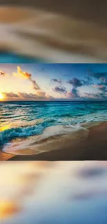 Serene ocean sunset with vibrant sky and waves on a sandy beach.