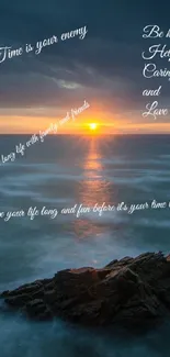 Serene ocean sunset with quotes on calm waters.