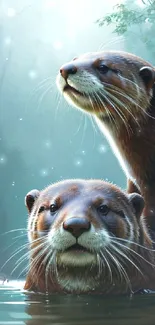 Two otters relax in a misty forest river setting for mobile wallpaper.