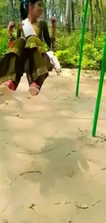 Girl on a swing in a lush green park, capturing a peaceful moment.