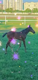 Peaceful park with foal and city skyline in the background.