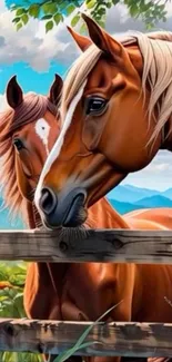 Two horses by a fence with vibrant sky and nature.