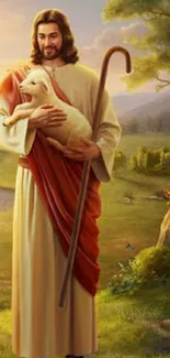 Serene shepherd holding a lamb in a peaceful landscape.