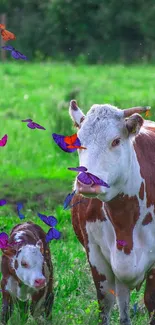 Cow and calf standing in a lush green field.