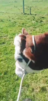 A cow in a lush green pasture under a bright sky.