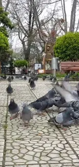 Pigeons on a park pathway with greenery.